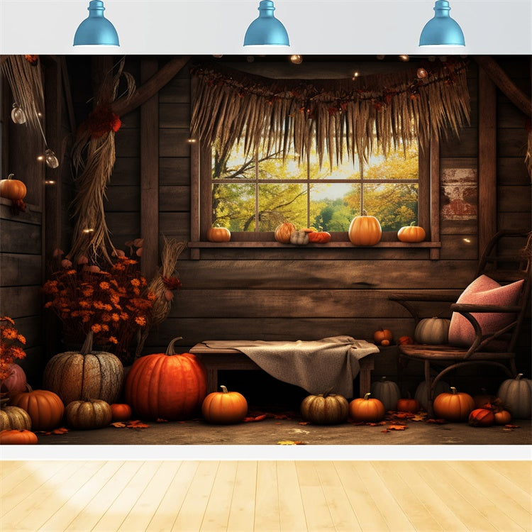 Sfondo Della Finestra Del Fienile Con Zucca Autunnale BRP7-81