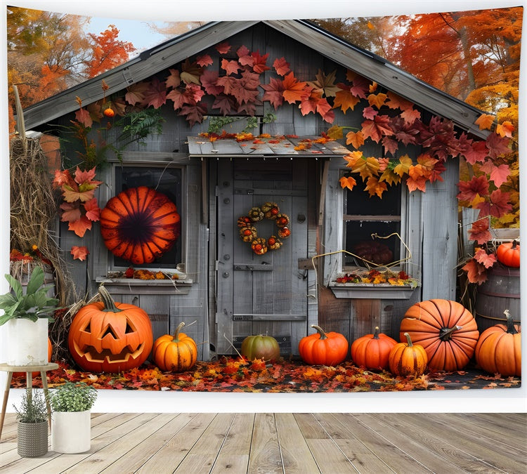 Sfondo Di Zucche Di Casa In Legno Della Foresta Autunnale BRP7-88