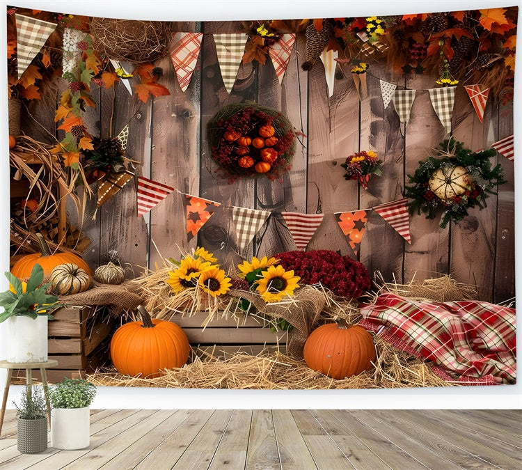 Sfondo Di Zucca Con Bandiere In Legno Marrone Autunnale BRP7-93