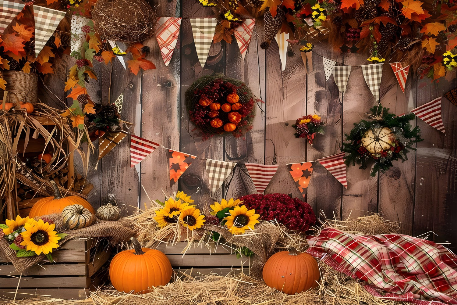 Sfondo Di Zucca Con Bandiere In Legno Marrone Autunnale BRP7-93