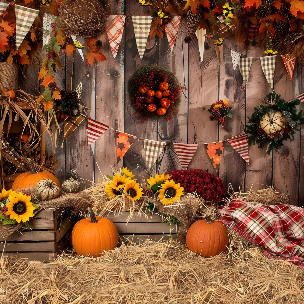 Sfondo Di Zucca Con Bandiere In Legno Marrone Autunnale BRP7-93