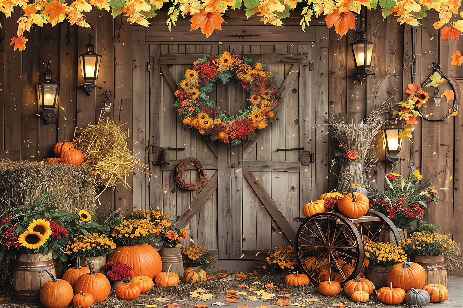 Sfondo Di Zucca Con Ghirlanda Autunnale Sulla Porta Del Fienile BRP7-97