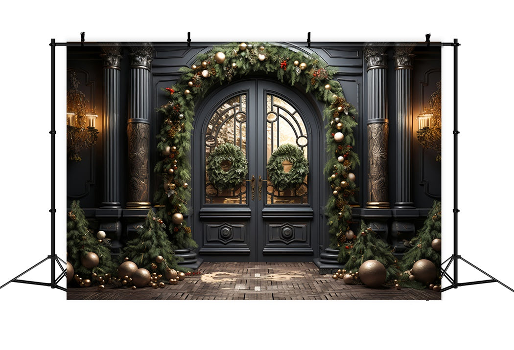 Elegante Porta Nera Con Sfondo Di Decorazioni Natalizie BRP8-128