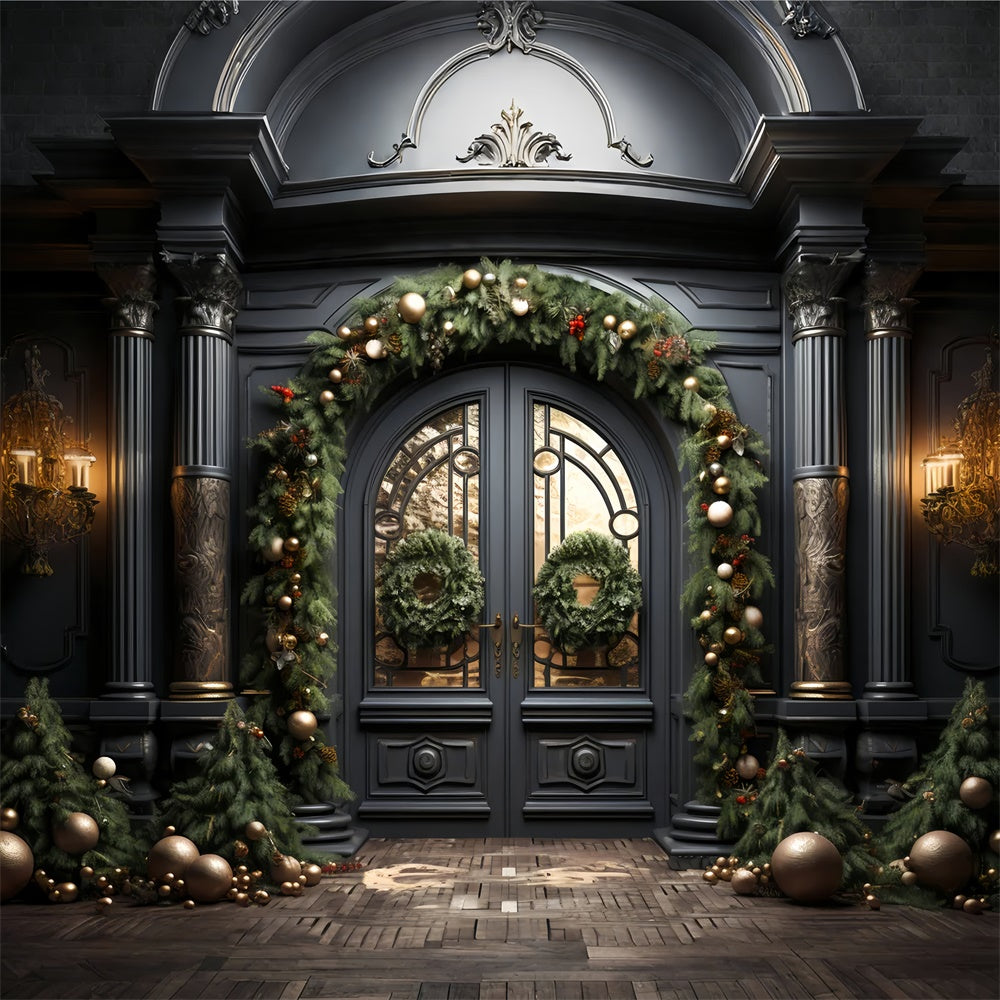 Elegante Porta Nera Con Sfondo Di Decorazioni Natalizie BRP8-128