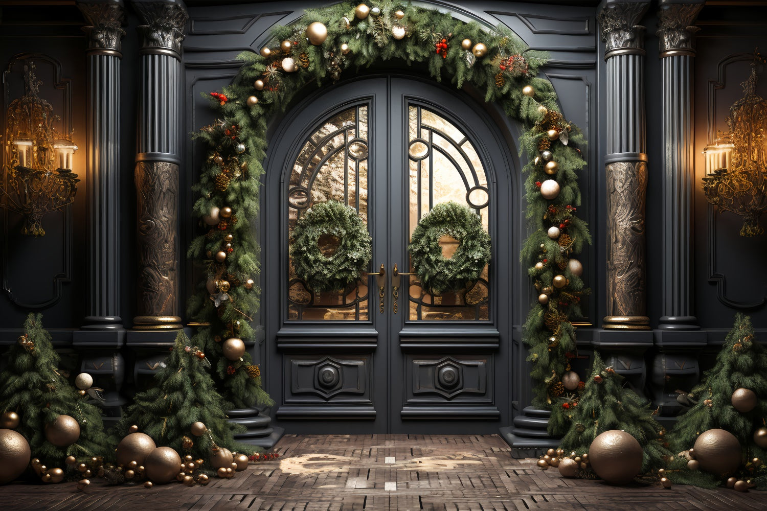 Elegante Porta Nera Con Sfondo Di Decorazioni Natalizie BRP8-128