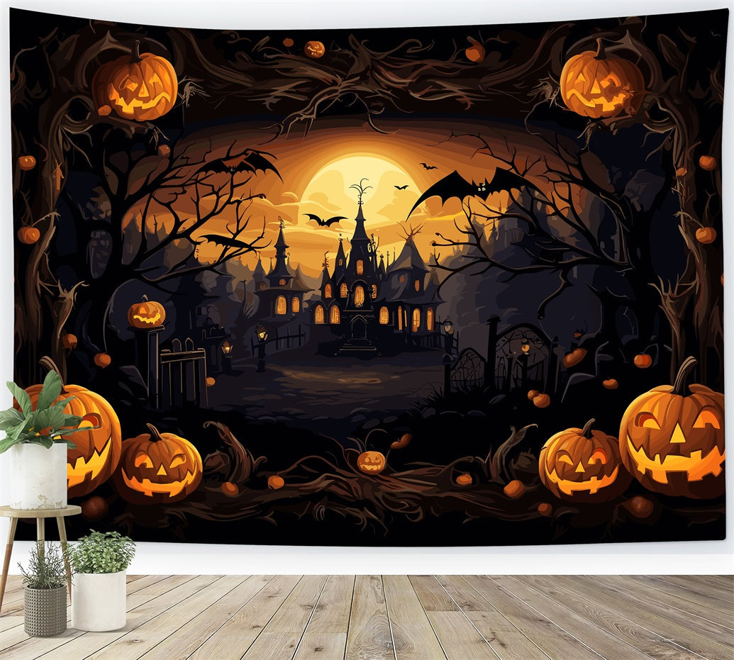 Sfondo Di Halloween Con Castello Spettrale E Zucche BRP8-164