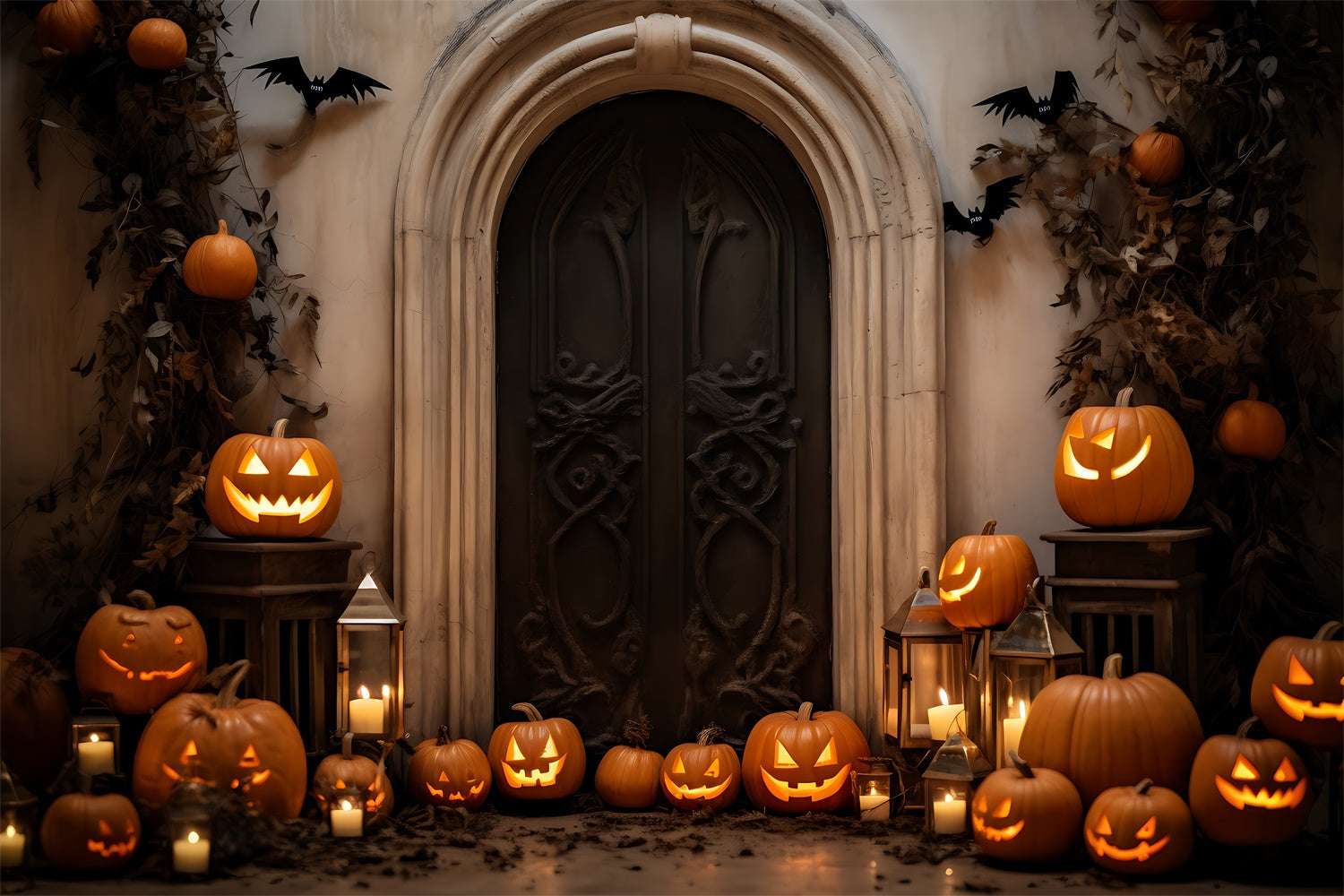 Inquietante Sfondo Di Halloween Con Porta Piena Di Zucca BRP8-184