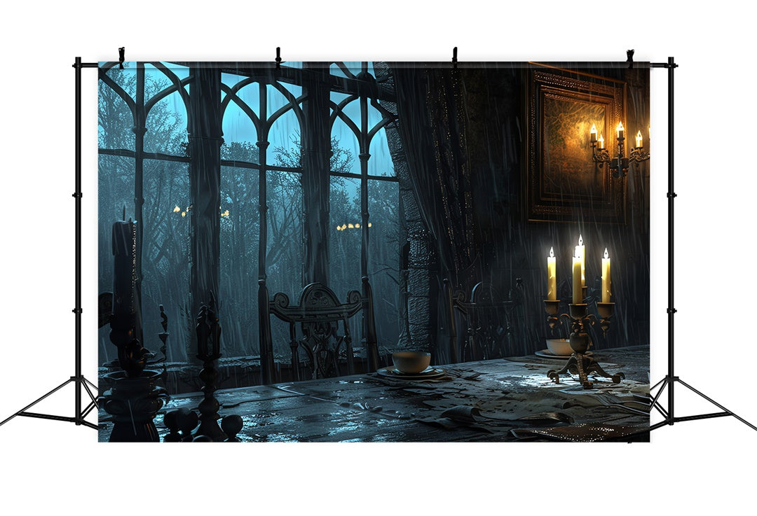 Tavolo Da Pranzo Agghiacciante A Lume Di Candela Sfondo Della Finestra Di Halloween BRP8-188