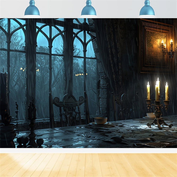 Tavolo Da Pranzo Agghiacciante A Lume Di Candela Sfondo Della Finestra Di Halloween BRP8-188
