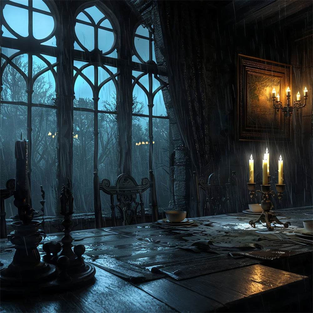 Tavolo Da Pranzo Agghiacciante A Lume Di Candela Sfondo Della Finestra Di Halloween BRP8-188