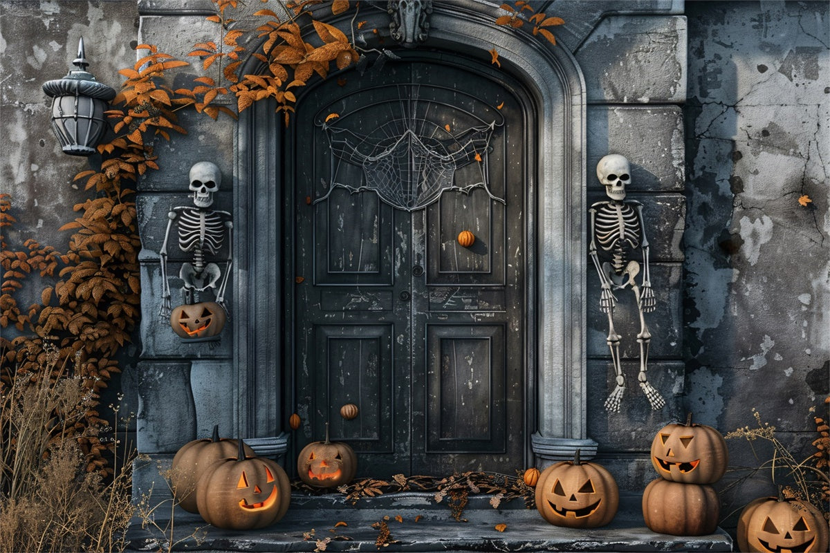 Sentinelle Scheletro E Sfondo Della Porta Di Halloween Con Zucca BRP8-196