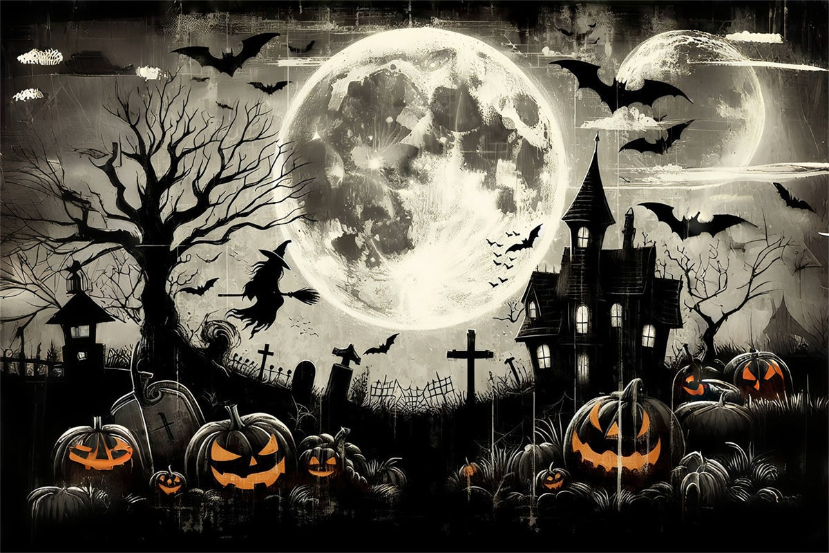 Cimitero Spaventoso Di Halloween Con Sfondo Di Strega Volante BRP8-197