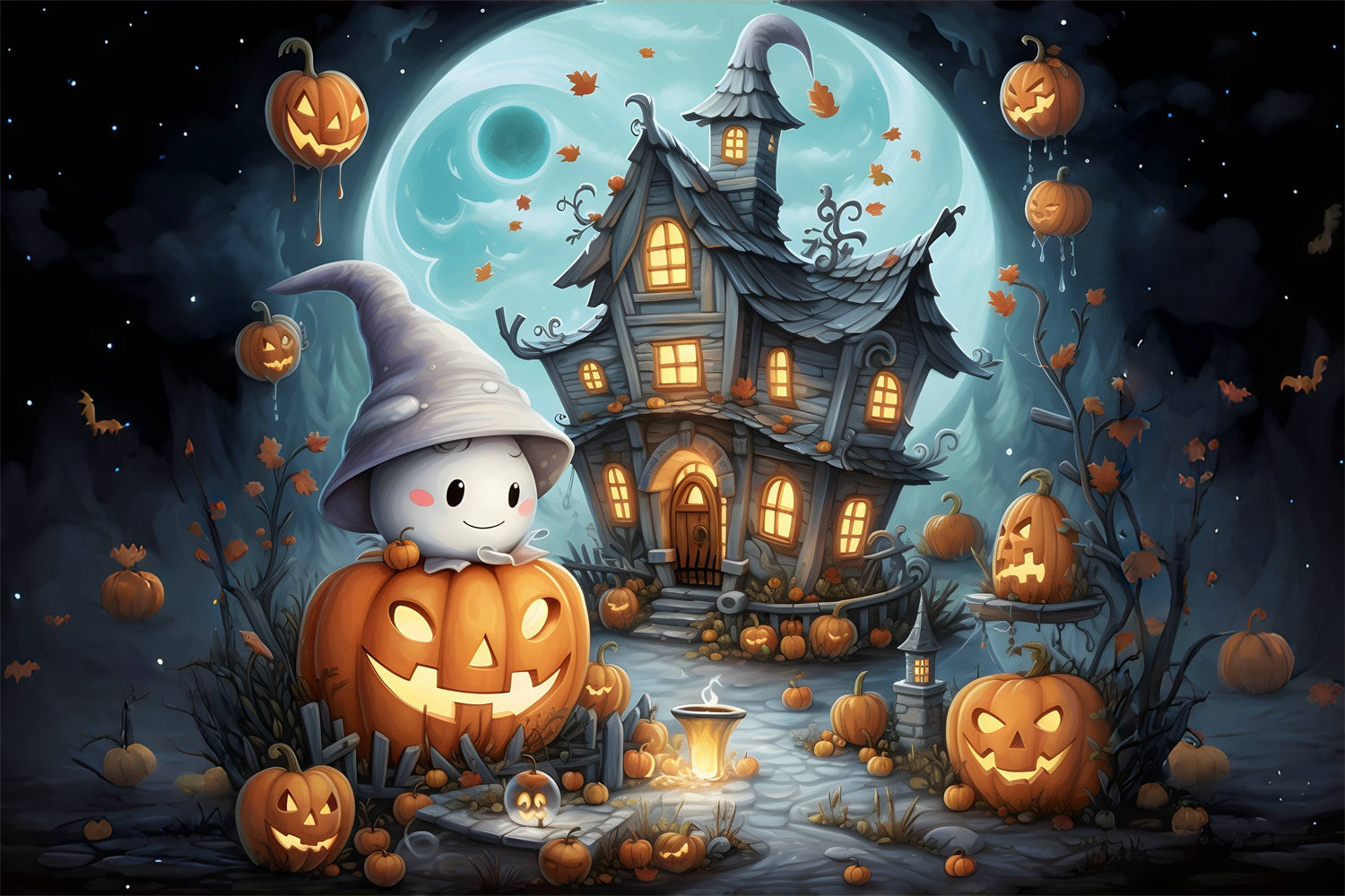 Dolce Fantasma E Cottage Simpatico Sfondo Di Halloween BRP8-209