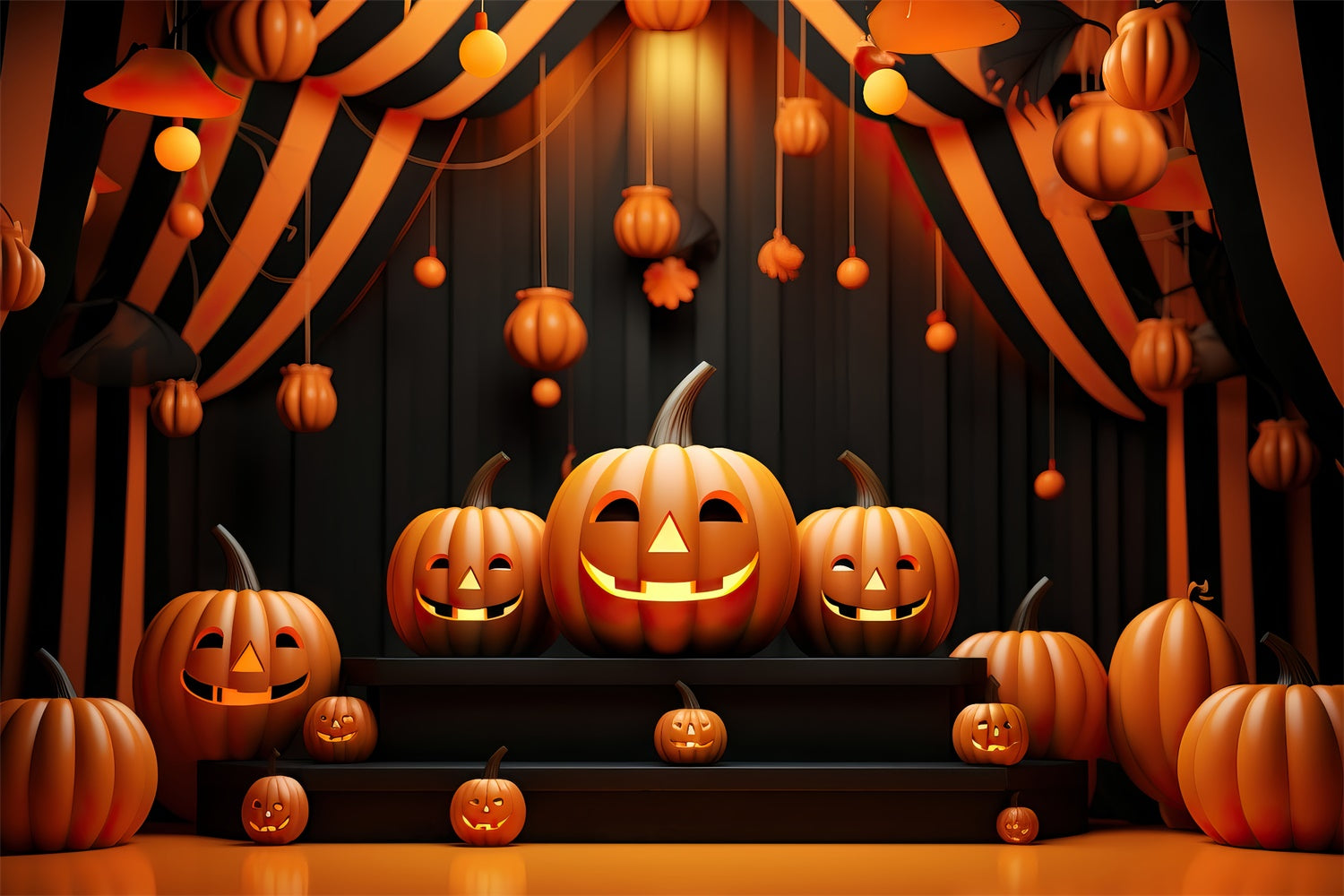 Sfondo Di Scena Di Halloween Con Zucche Luminose E Sorridenti BRP8-214