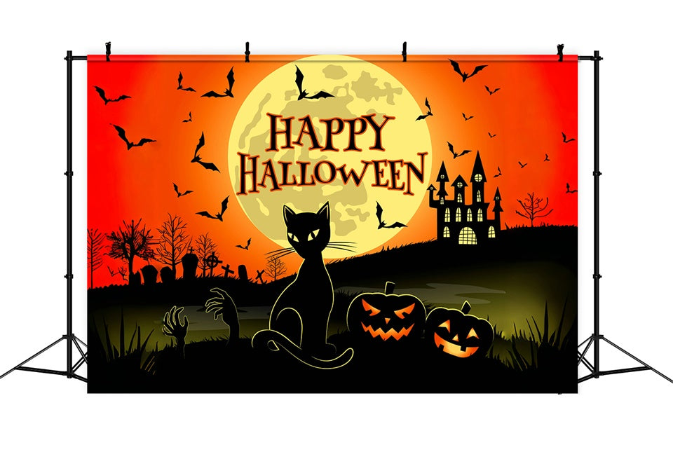 Sfondo Di Halloween Con Gatto E Castello Spaventoso BRP8-228