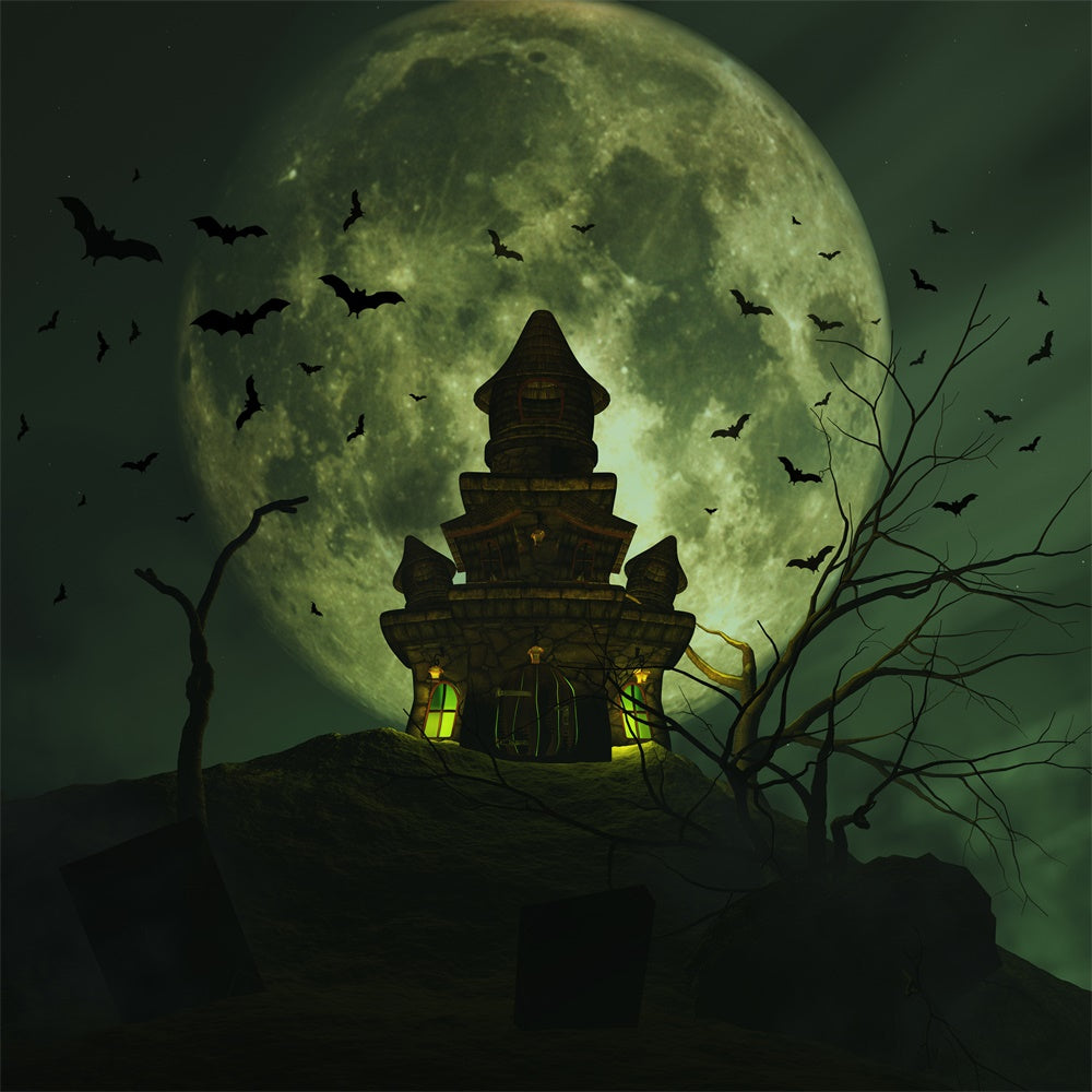 Sfondo Di Halloween Con Luna Piena E Castello In Cima Alla Collina BRP8-231