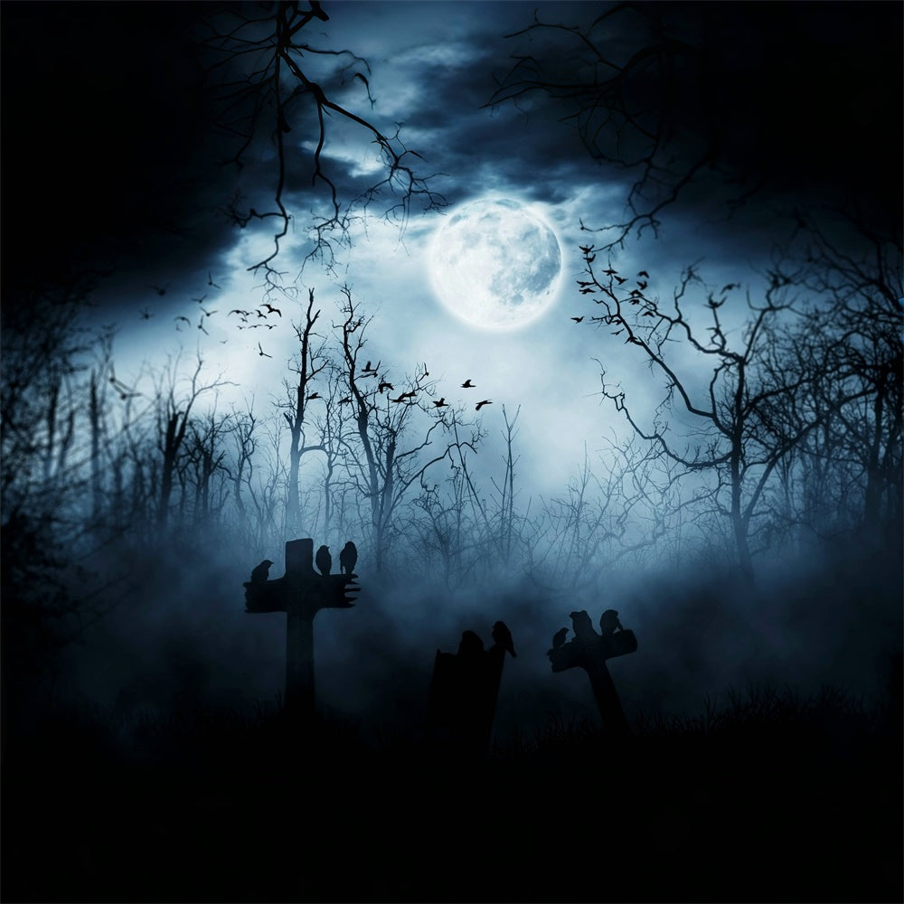 Notte Nebbiosa Con Corvi Sfondo Della Foresta Di Halloween BRP8-246