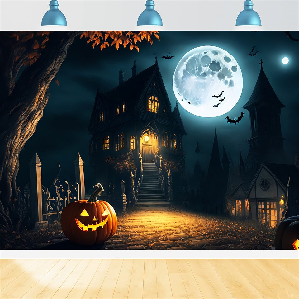 Palazzo Inquietante Sotto La Luna Piena Sullo Sfondo Di Halloween BRP8-250
