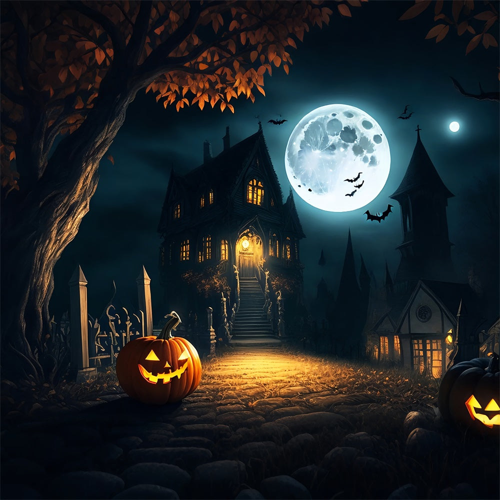 Palazzo Inquietante Sotto La Luna Piena Sullo Sfondo Di Halloween BRP8-250