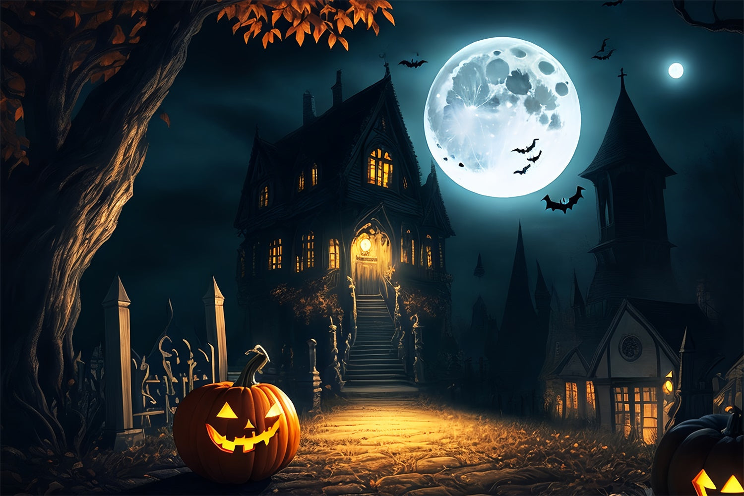 Palazzo Inquietante Sotto La Luna Piena Sullo Sfondo Di Halloween BRP8-250