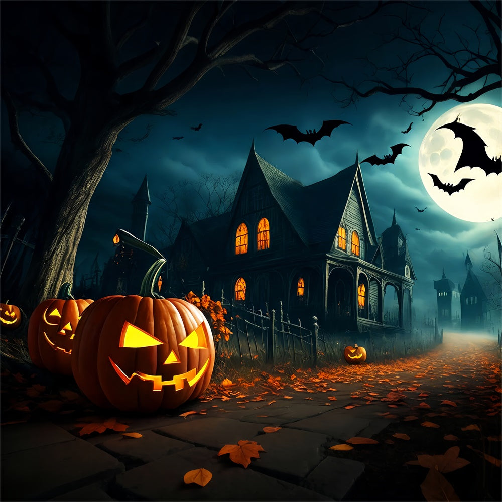 Sentiero Fiancheggiato Da Zucche Verso Il Tetro Villaggio Sfondo Di Halloween BRP8-251