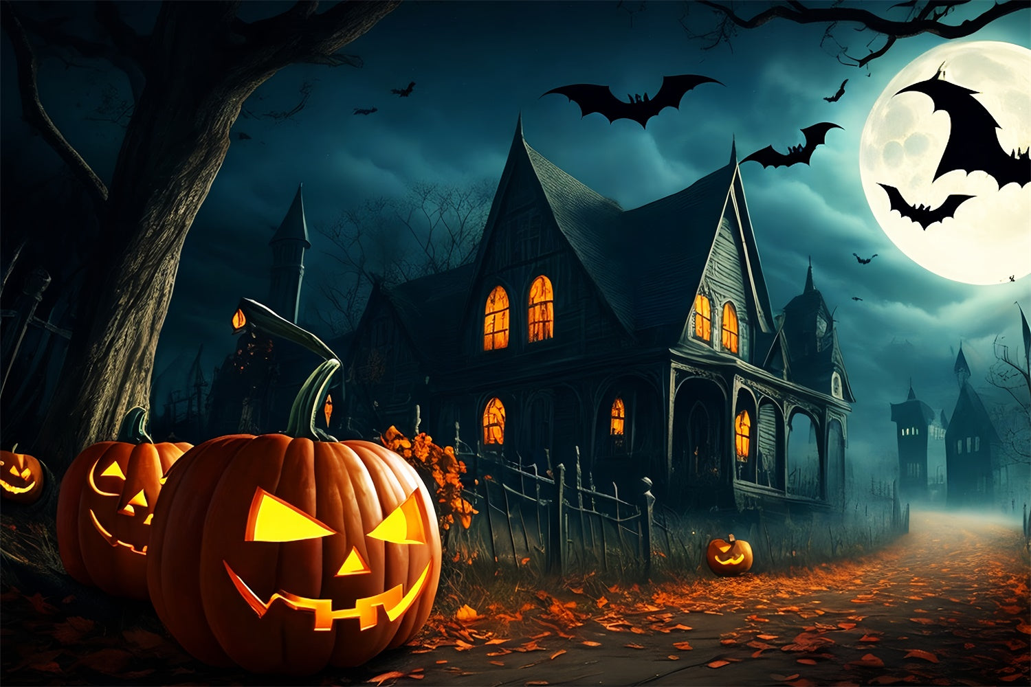 Sentiero Fiancheggiato Da Zucche Verso Il Tetro Villaggio Sfondo Di Halloween BRP8-251