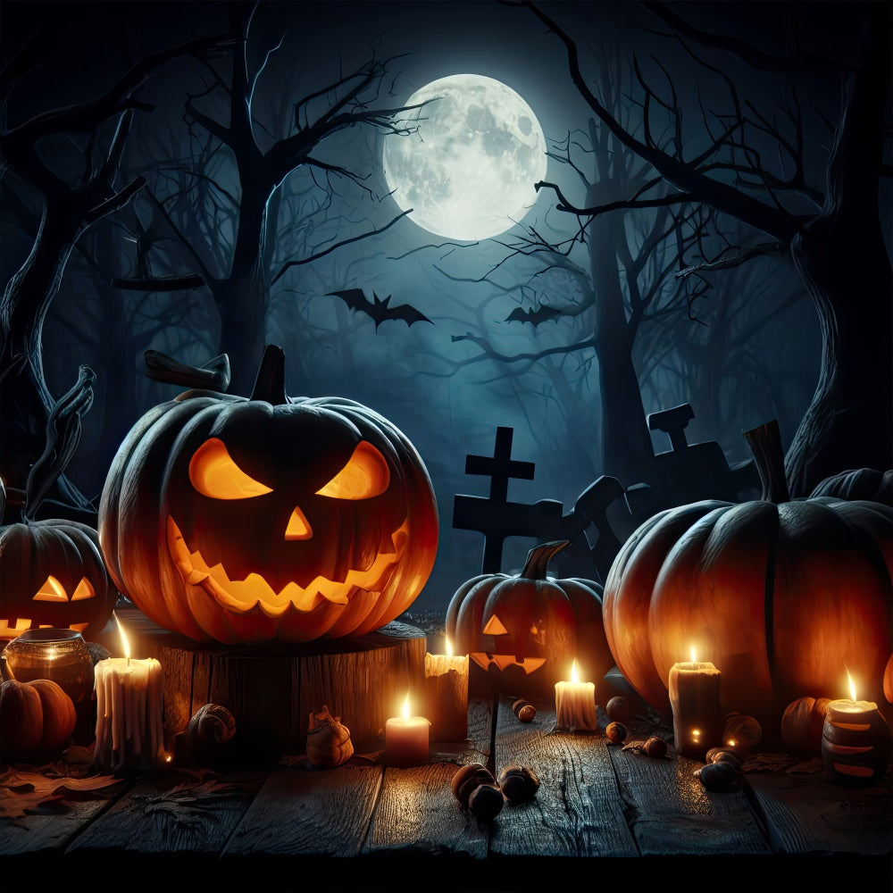 Zucche A Lume Di Candela Nello Sfondo Di Halloween Della Foresta Spettrale BRP8-254
