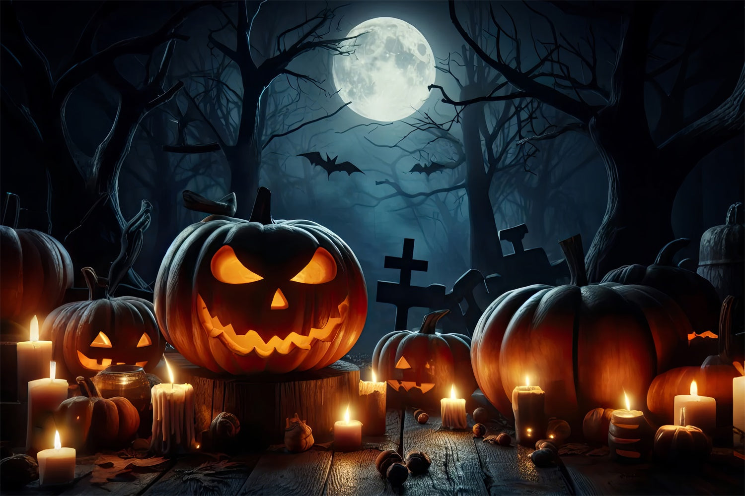 Zucche A Lume Di Candela Nello Sfondo Di Halloween Della Foresta Spettrale BRP8-254