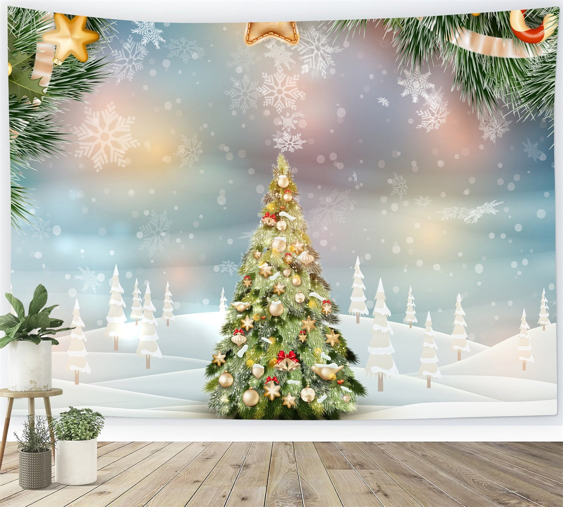 Sfondo Dell'Albero Di Natale Con Stelle Dorate E Fiocchi Di Neve BRP8-300