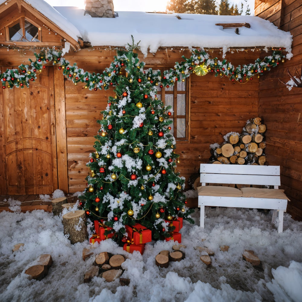 Albero Di Natale In Cabina Innevata Con Sfondo Di Tronchi BRP8-305