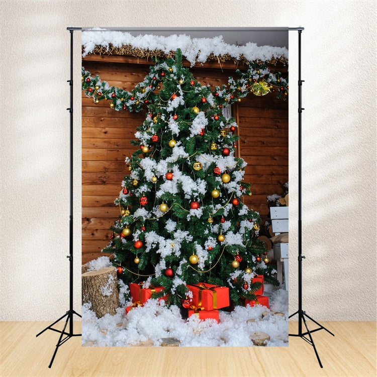 Sfondo Di Cabina Di Legno Dell'Albero Di Natale Innevato BRP8-306