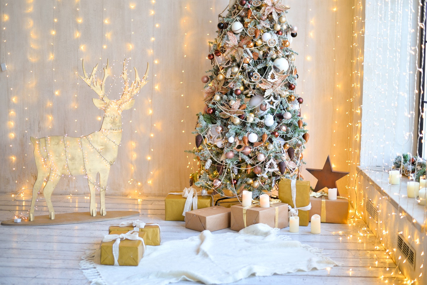 Stanza Dell'Albero Di Natale Con Sfondo Di Renne In Legno BRP8-322