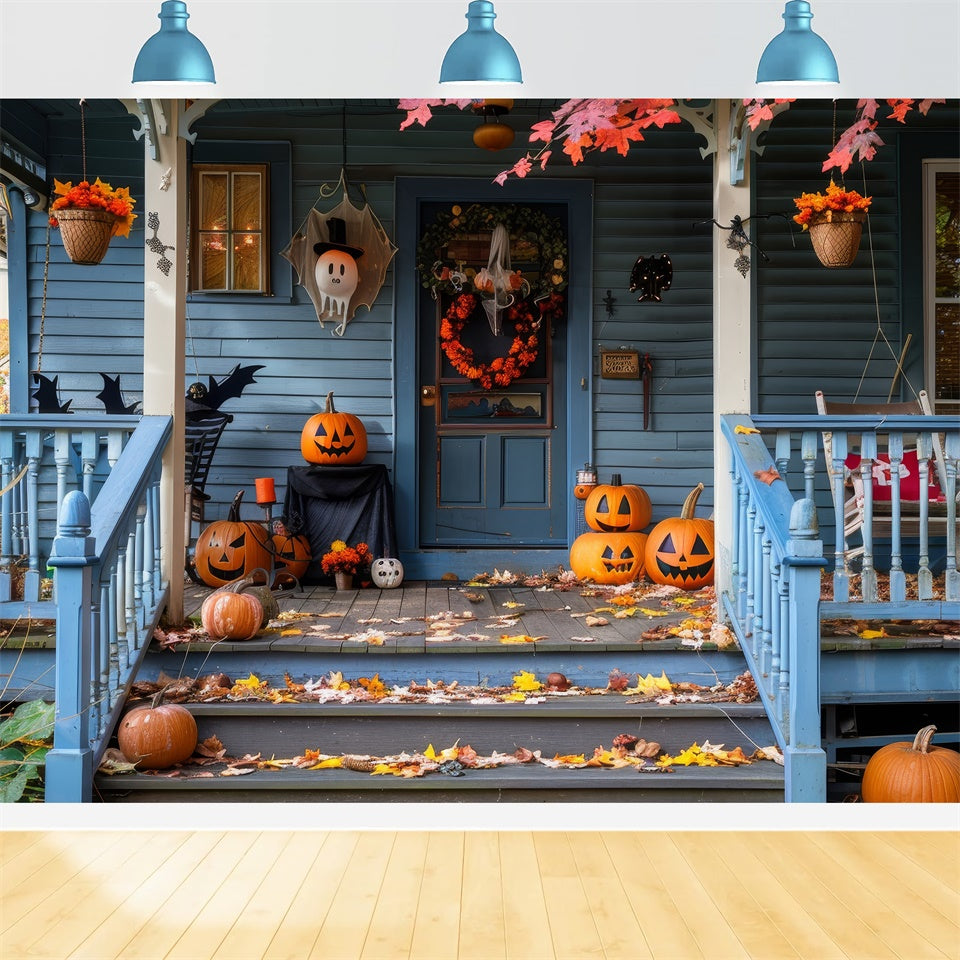 Casa In Legno Blu Con Foglie Di Zucca Spettrale Di Halloween BRP8-339