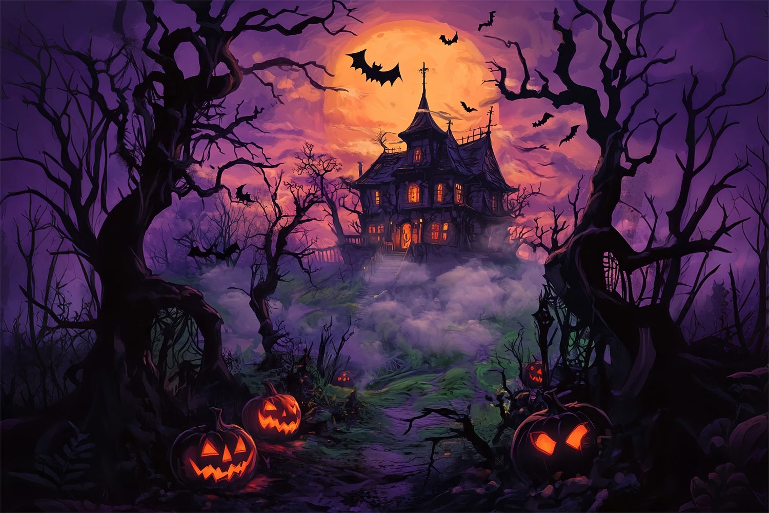 Sfondo Della Villa Stregata Di Halloween Della Notte Nebbiosa BRP8-348