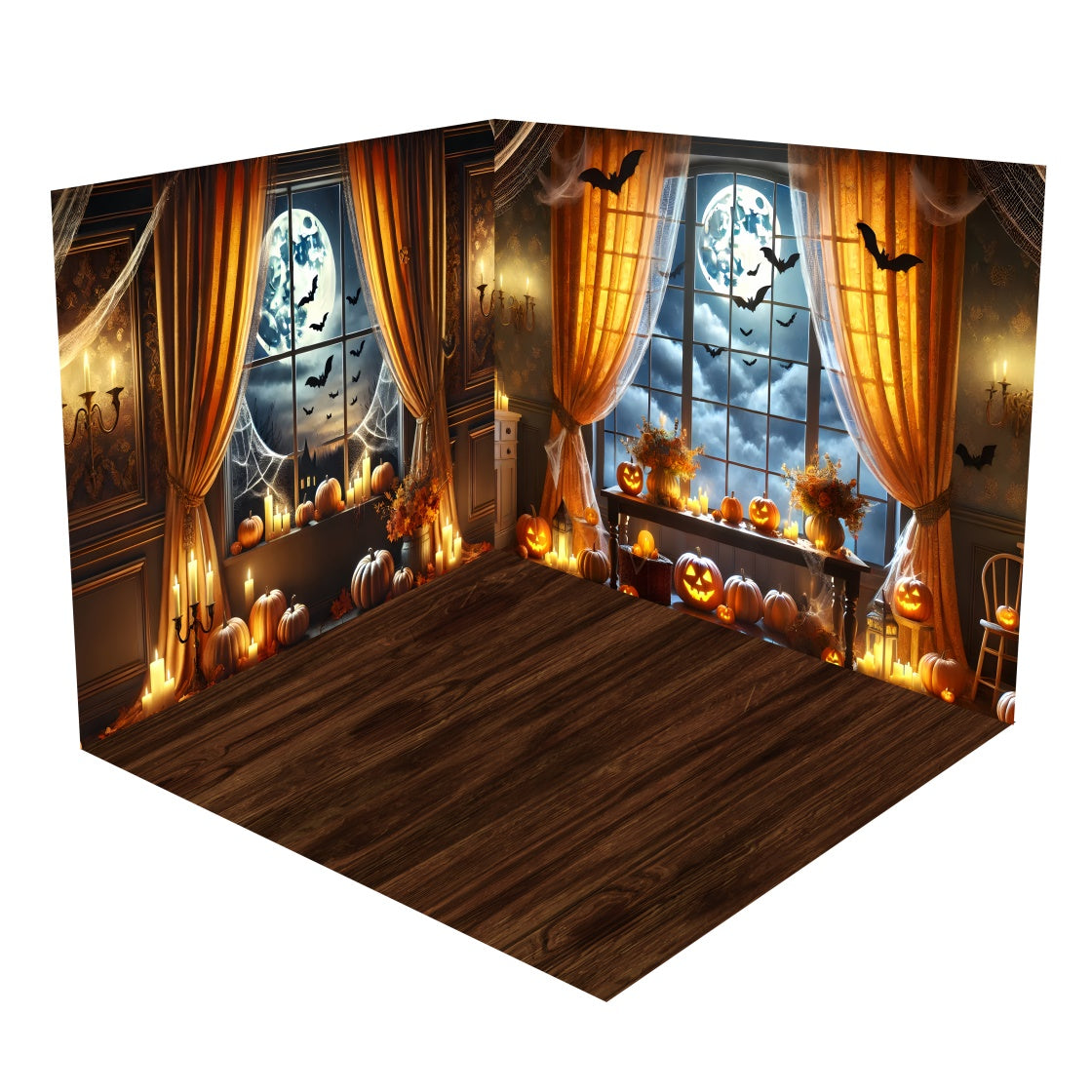 Set Di Stanze Con Fondale Per Finestre Al Chiaro Di Luna Zucche Di Halloween E Pipistrelli BRP8-361