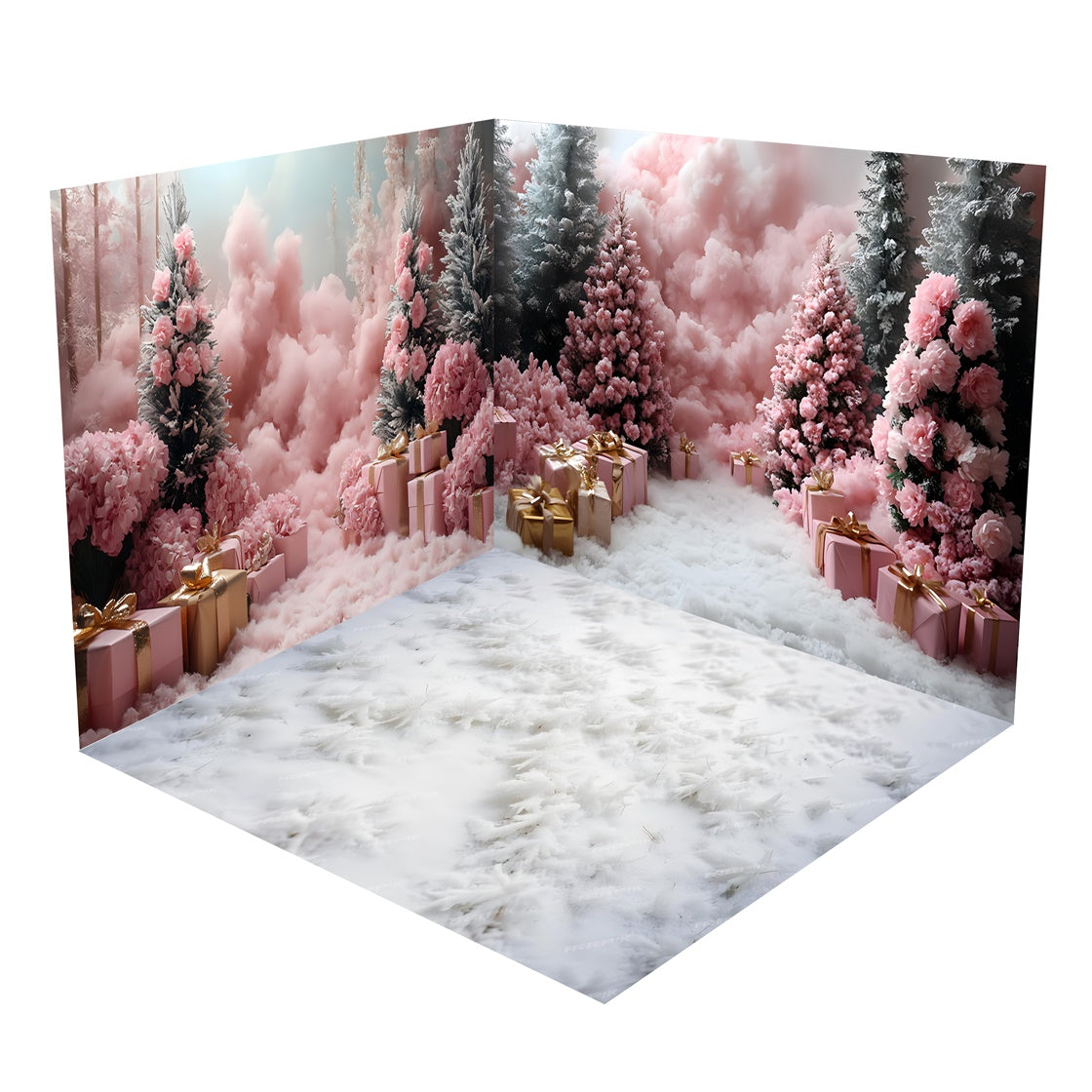Set Per Camera Sullo Sfondo Del Paese Delle Meraviglie Regalo Innevato Con Alberi Di Natale Rosa BRP8-367