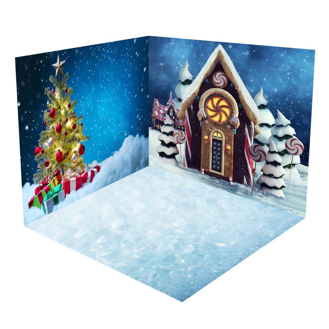 Set Per Camera Con Sfondo Natalizio Con Casetta Di Caramelle E Albero Di Neve BRP8-375