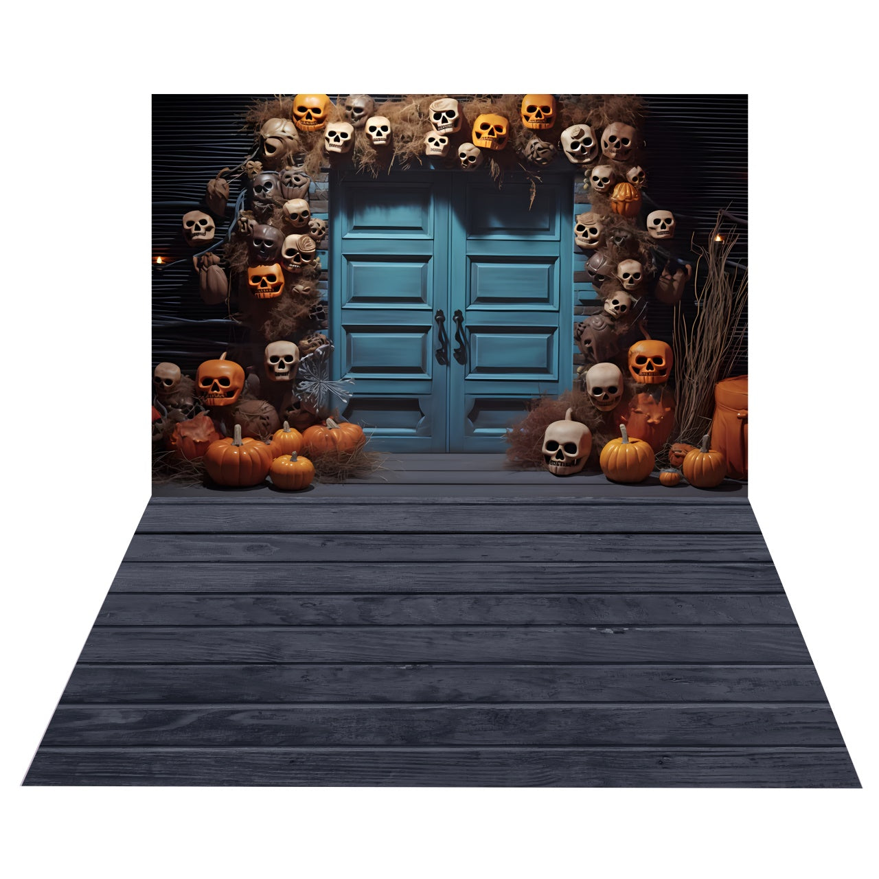 Sfondo Porta Zucca Teschio Di Halloween+Sfondo Pavimento In Legno BRP8-380