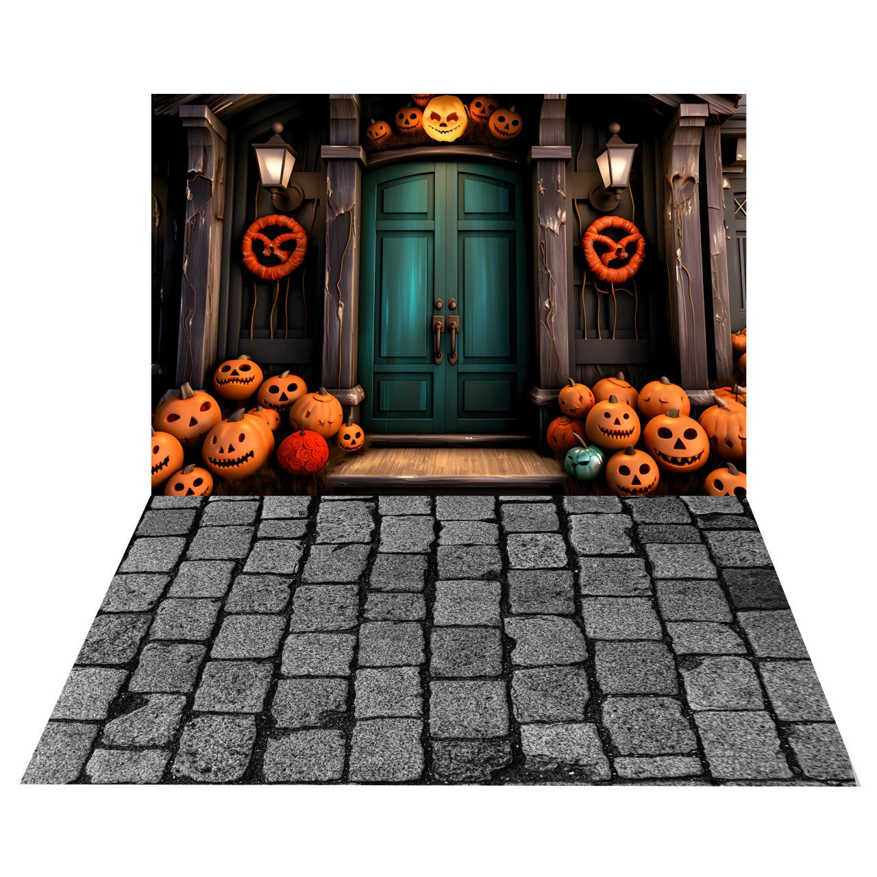 Sfondo Della Porta Della Zucca Di Halloween+Sfondo Del Pavimento Del Percorso In Pietra BRP8-383