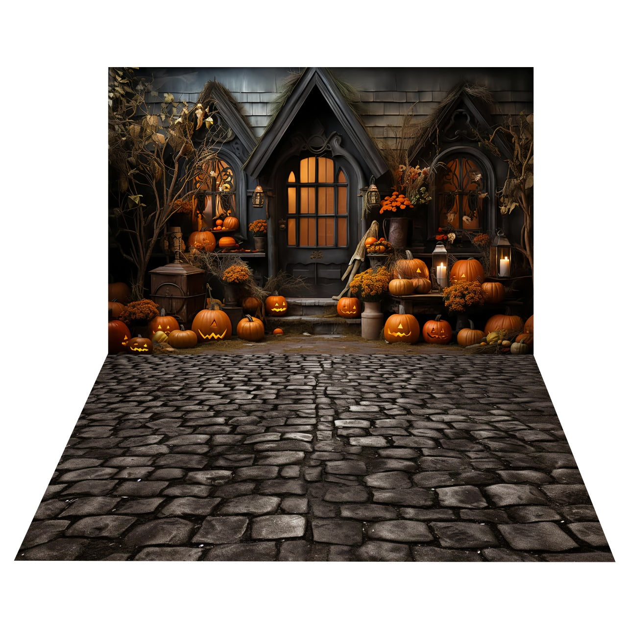 Sfondo Del Portico Della Casa Di Halloween+Sfondo Del Pavimento Del Sentiero In Ciottoli BRP8-384