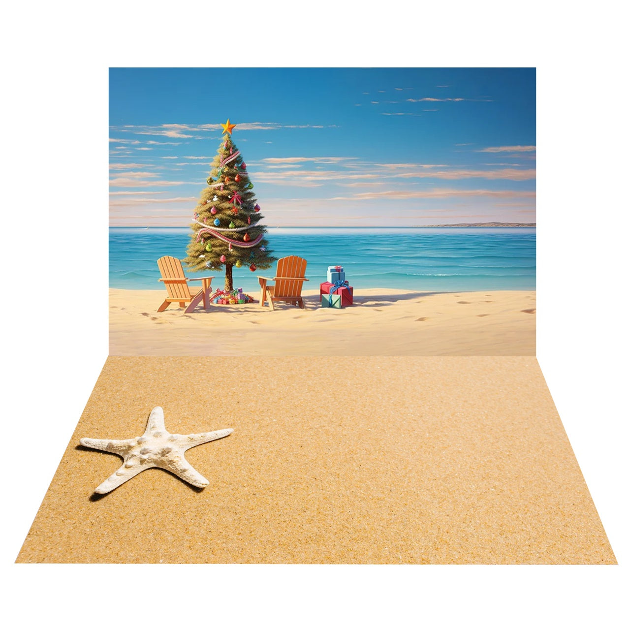 Sfondo Dell'Albero Di Natale Fronte Oceano+Sfondo Del Pavimento Di Sabbia Con Stelle Marine BRP8-389