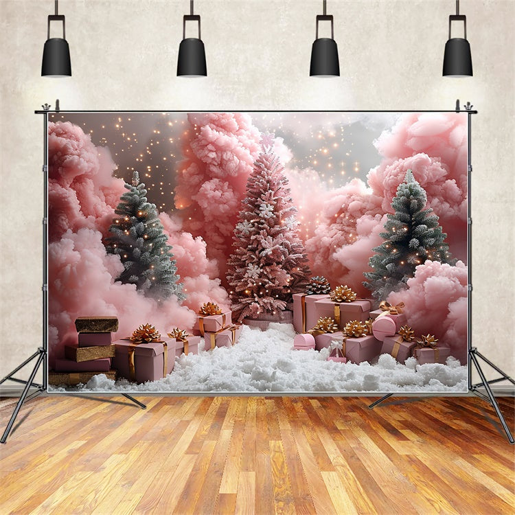 Pini Rosa Satinati Con Regali Di Natale E Sfondo Innevato BRP9-106