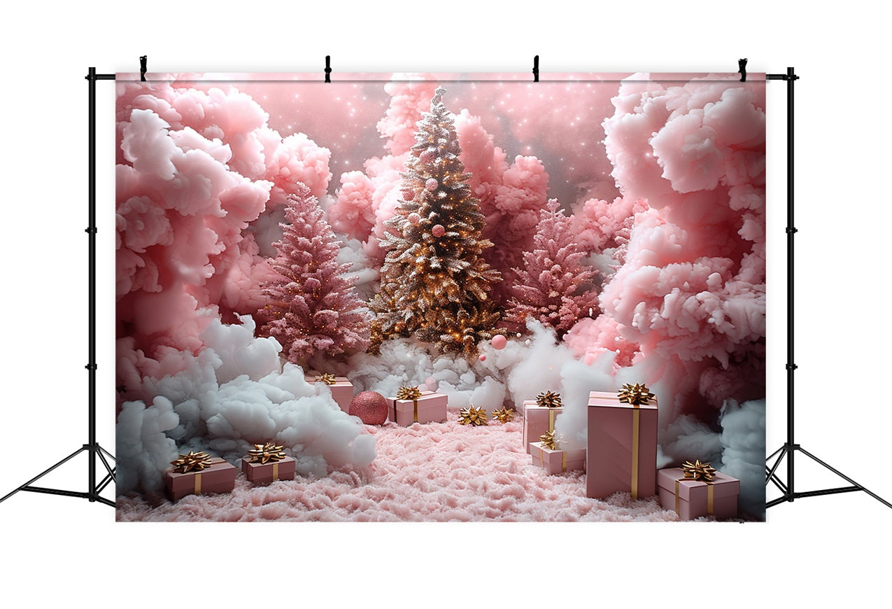 Nuvole Di Neve Rosa E Regali Di Natale Sullo Sfondo Dell'Albero BRP9-110