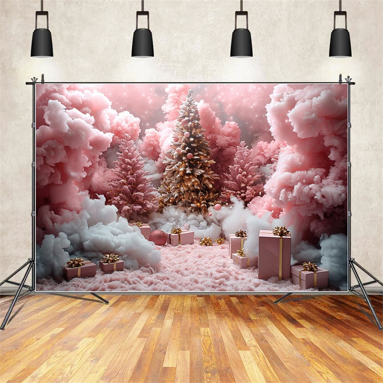 Nuvole Di Neve Rosa E Regali Di Natale Sullo Sfondo Dell'Albero BRP9-110