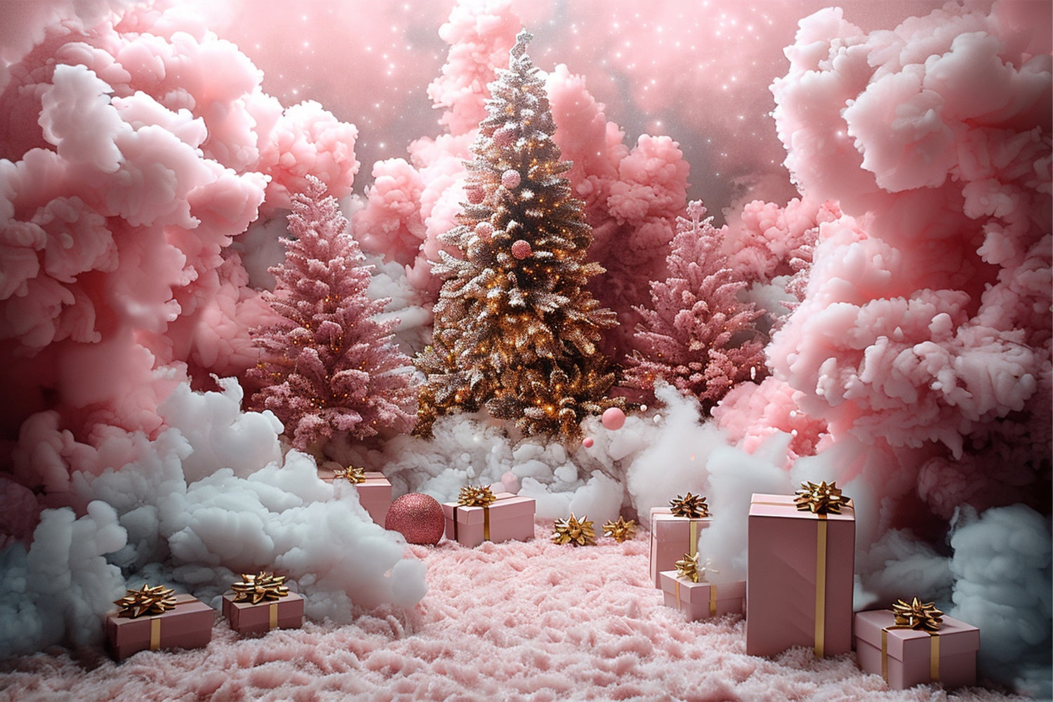 Nuvole Di Neve Rosa E Regali Di Natale Sullo Sfondo Dell'Albero BRP9-110