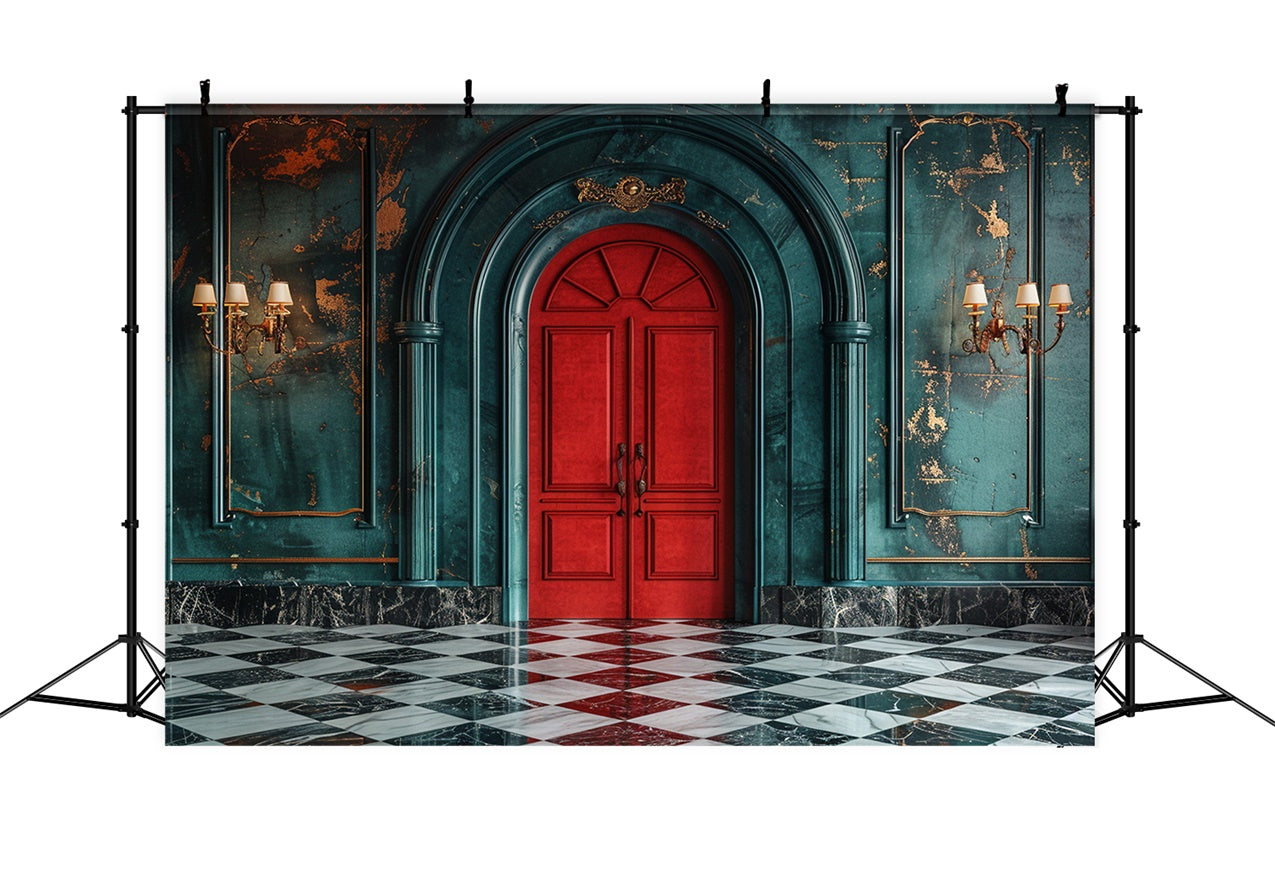 Porta Rossa Classica Con Eleganti Pareti Verde Acqua Sullo Sfondo BRP9-118