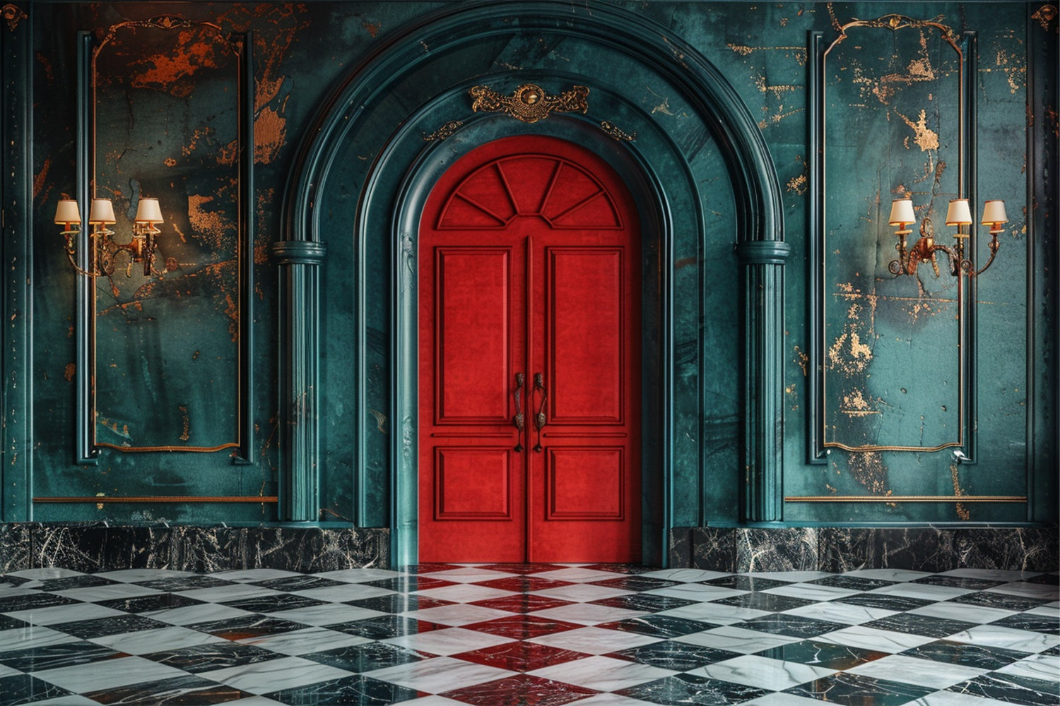 Porta Rossa Classica Con Eleganti Pareti Verde Acqua Sullo Sfondo BRP9-118