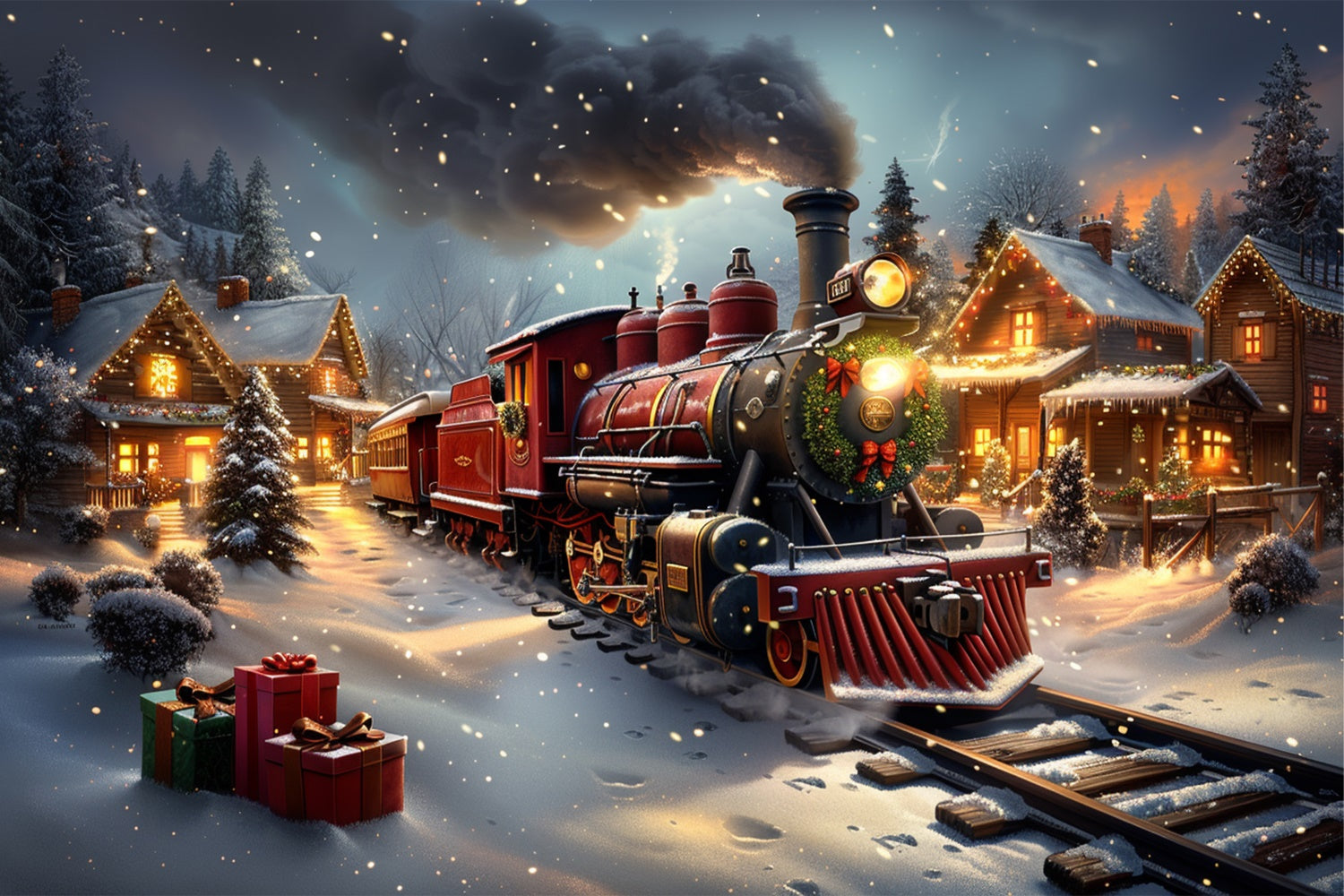 Classico Treno Di Natale E Sfondo Della Cabina Innevata BRP9-124