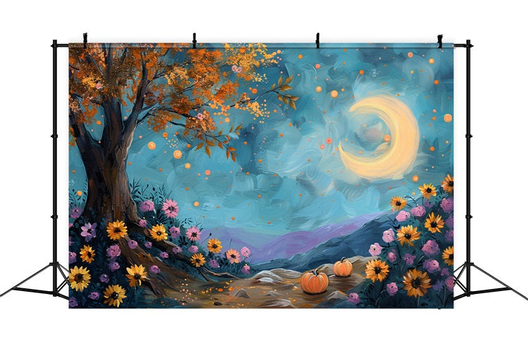 Sfondo Di Fiori Cielo Stellato Albero Autunnale Al Chiaro Di Luna BRP9-131