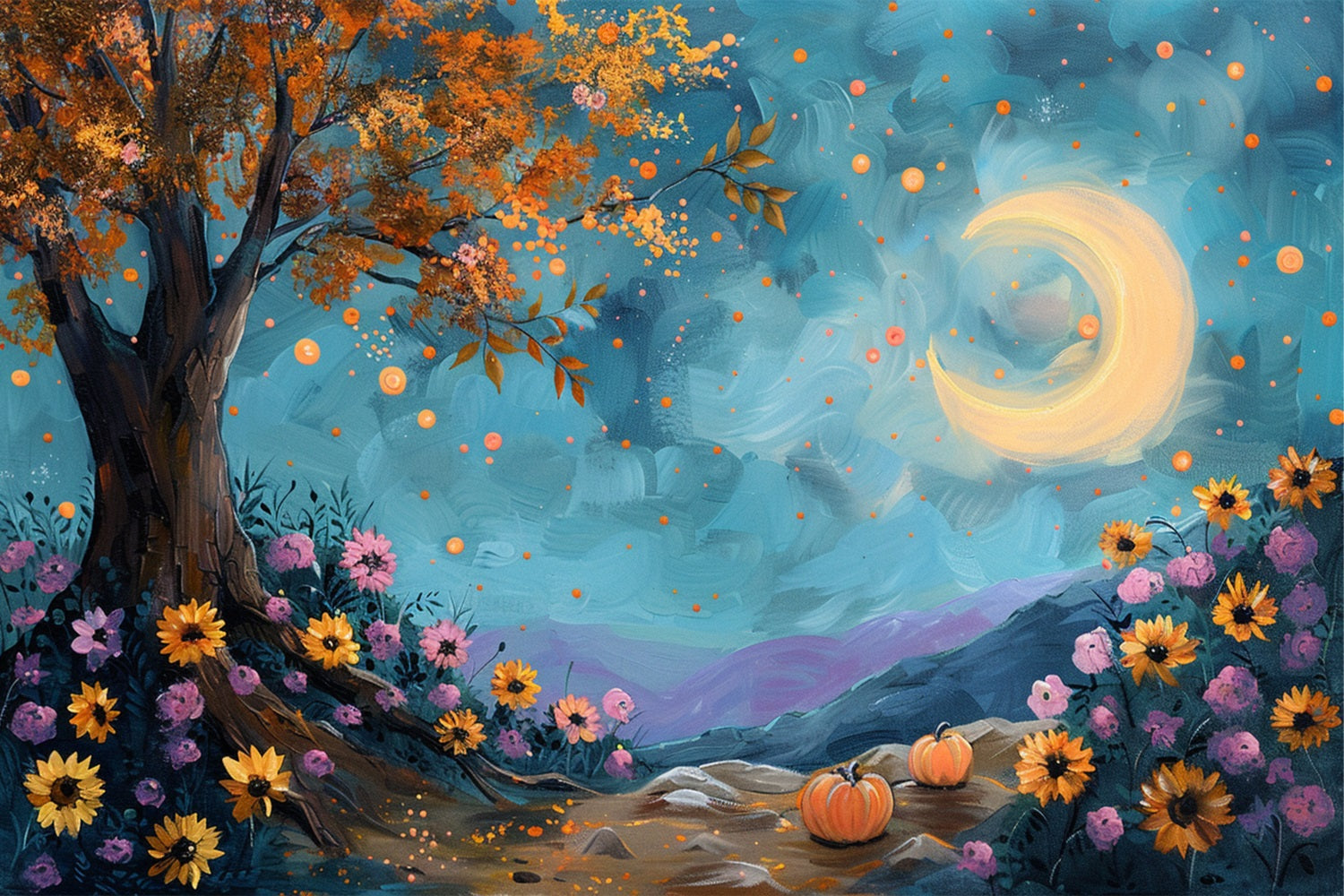 Sfondo Di Fiori Cielo Stellato Albero Autunnale Al Chiaro Di Luna BRP9-131